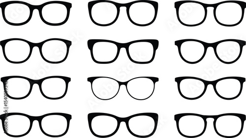Collection of twelve stylish eyewear silhouettes, various shapes and sizes of glasses frames, black on white background.
