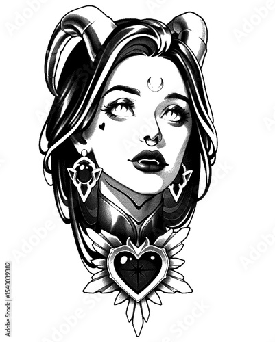Dark haired horned woman with heart pendant high detailed sketch art