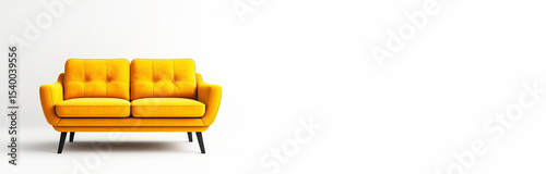 Modern yellow sofa on white background presenting a stylish addition to contemporary interiors. Header banner mockup with copy space.