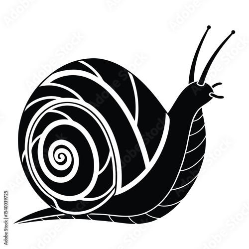 Stylized black snail slowly moves with shell in minimal art with transparency