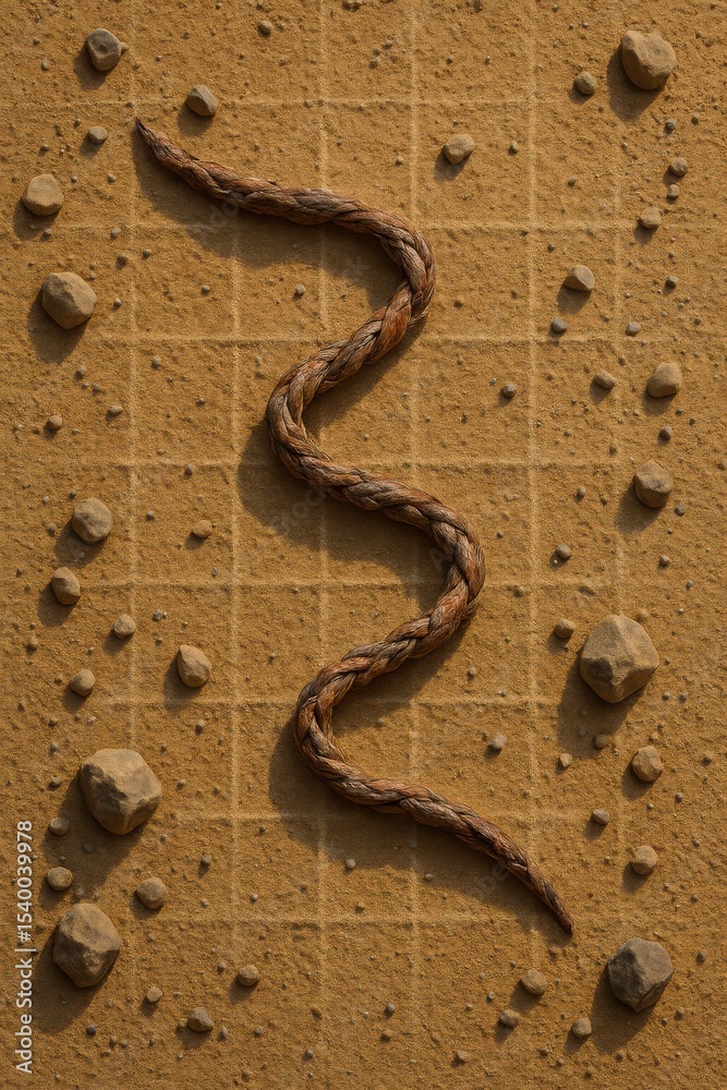 Fototapeta premium Twisted Plant Fiber Placed on Grid-Textured Clay Cloth with Scattered Stones