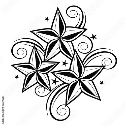 Three black stylized stars feature swirling tendrils and smaller stars; it has a transparent background