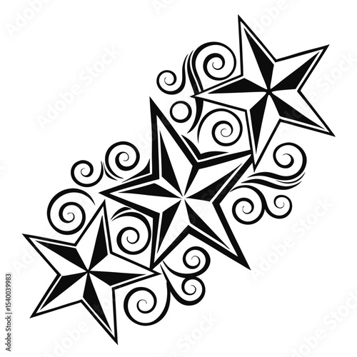 Three outlined black stars form tattoo art with swirling accents on transparent backdrop