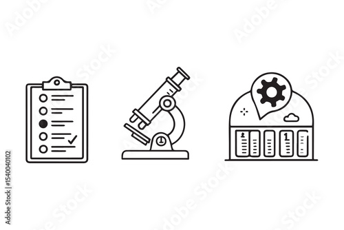 Clinical research icon set. Containing icon of analysis, evidence, clinical study, effectiveness, medications and health icons. Outline color vector symbol background