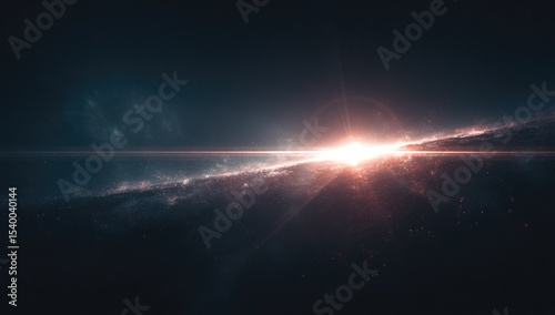 A vibrant sunrise or sunset viewed from space, showcasing a celestial body with a fiery, glowing horizon and lens flares across a dark, nebular backdrop