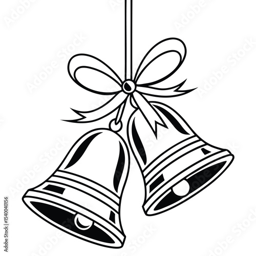 Two classic jingle bells hanging with a black ribbon and a transparent background