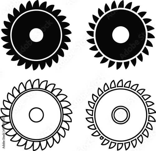 Circular Saw Blades Icons Set Black and Outline Styles for Woodworking Projects