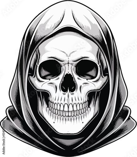 Grim Reaper Skull in Hooded Robe Monochrome Illustration