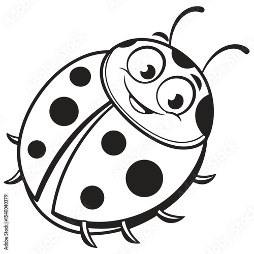 A cartoon ladybug with large eyes and dots smiles innocently transparent background