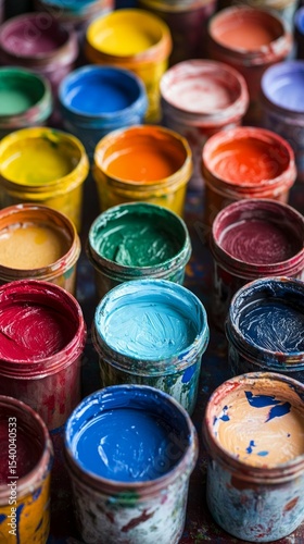 Colorful cans of paint, useful for articles about creativity and design.
