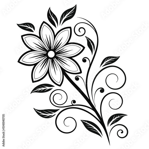 Black and white floral has flower bloom, leaves, and swirling vines
