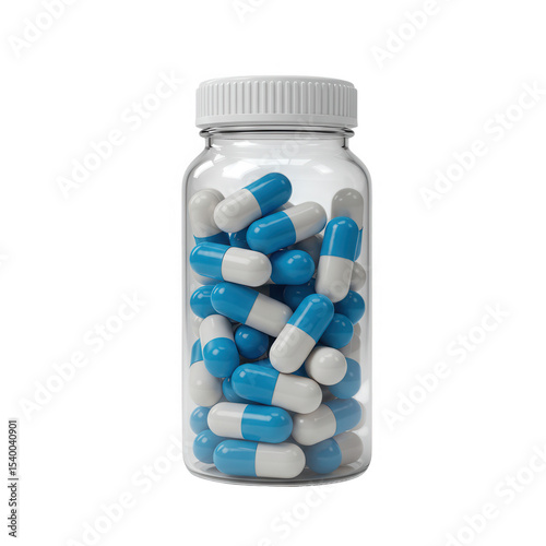 Glass bottle of blue and white capsules isolated on transparent background