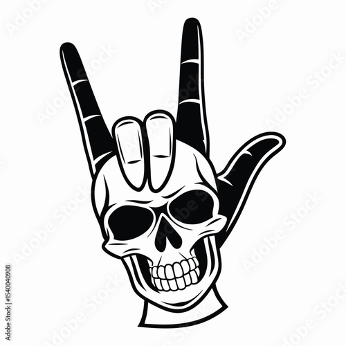 Black skull hand shows rock and roll hand gesture on plain background
