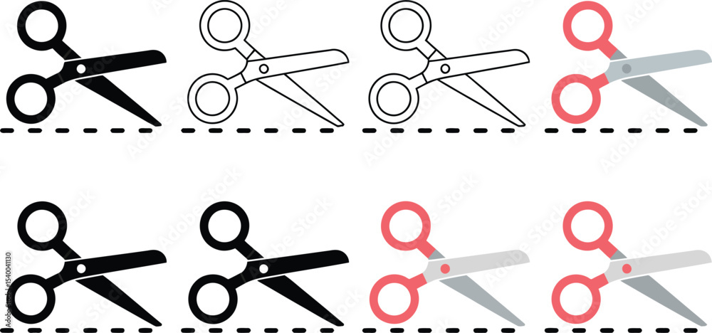 Naklejka premium Collection of Scissors Icons Black, Line Art, and Red Variations with Dashed Lines