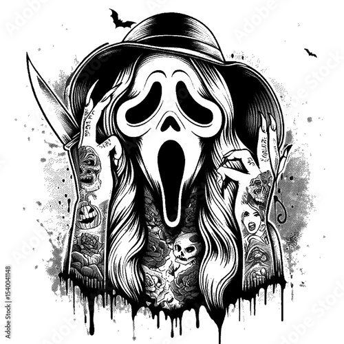 Ghostface in a hat, wielding a knife, high detailed sketch art
