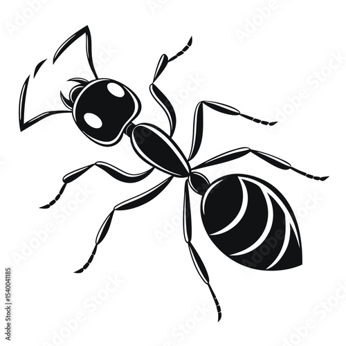 Bold black ant cartoon walks on a white transparent isolated background
