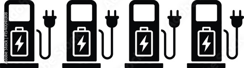 Electric Vehicle Charging Station Icon Set Four Black Silhouettes of EV Chargers with Plugs