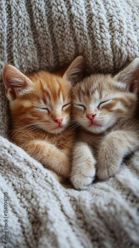 Two kittens sleeping on a soft blanket, useful for articles about pets and coziness.