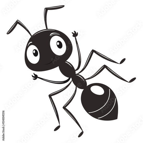 Cheerful black ant smiling, waving its leg, standing against a transparent background