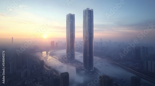 Two skyscrapers in fog against a cityscape, useful for articles on architecture and urban development.