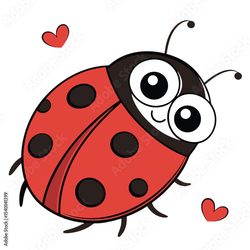 Cheerful cartoon ladybug smiles sweetly, surrounded by floating red hearts, on transparent background