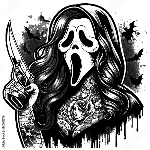 Ghostface tattooed girl wielding knife, high detailed sketch art