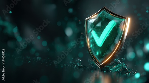 Modern digital shield with a green check mark glowing in a dynamic background of teal tones and light reflections