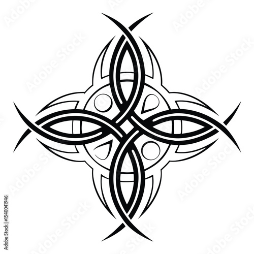 Intricate black cross features interlaced tribal patterns on a clean transparent background