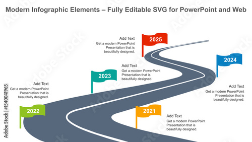 Winding Road Timeline Infographic for PowerPoint – Editable Vector with Year Flags. Fully editable vector SVG file compatible with PowerPoint, Illustrator, and most vector-based applications.