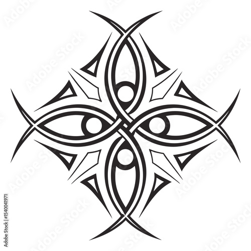 Intricate tribal cross design features interwoven lines and bold geometric shapes isolated on white