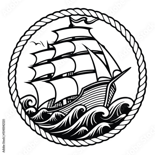 Monochrome sailing ship navigates wavy sea within rope circle, presented on white