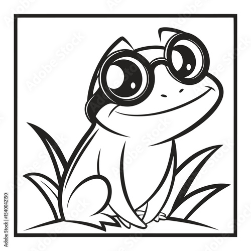Monochrome illustration of a frog with spectacles in grass, framed, against white