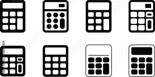 Collection of Eight Simple Calculator Icons, Black and White, Digital Device Symbols