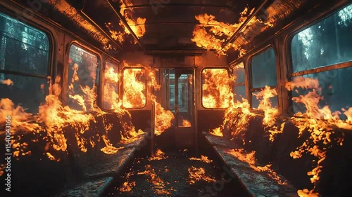 Inside view of a train engulfed in intense flames, with fire consuming seats and walls, creating a dangerous and chaotic scene. The burning interior reflects a serious emergency incident.