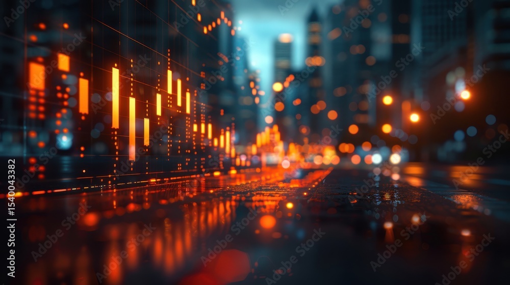 Fototapeta premium Abstract Night Cityscape Glowing Digital Interface Reflected on Wet Asphalt