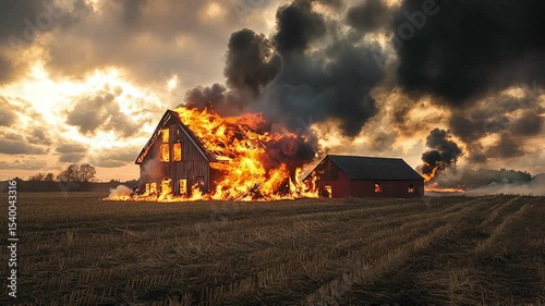 A barn on fire in an open field, emitting thick black smoke and intense flames, symbolizes a severe rural fire emergency, highlighting destruction and the danger to surrounding farmland.