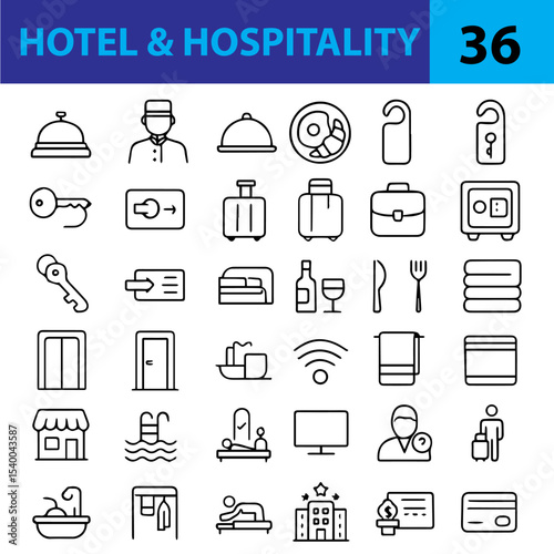 Hotel and Hospitality Line Icons Set  Editable Vector Symbols for Travel, Service, Accommodation, and Guest Experience

