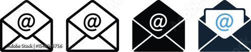 Email Icons Set Black, White, and Blue Variations of Envelope with At Symbol