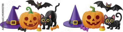 Halloween themed still life featuring a pumpkin, witch hat, bat, black cat, and candy on white