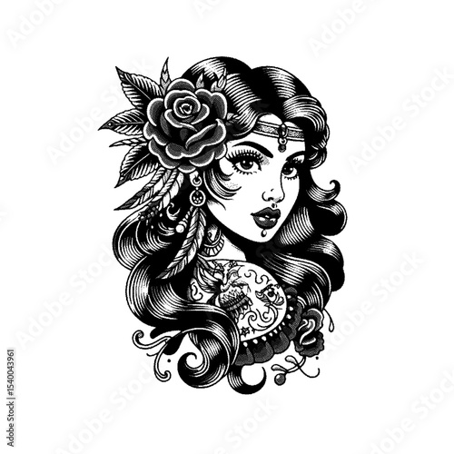 Dark haired maiden adorned with roses, a high detailed sketch art