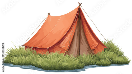 An illustration of an orange and brown camping tent situated amidst lush green grass against a plain white background. The tent is depicted in a simple, cartoonish style, with visible details such