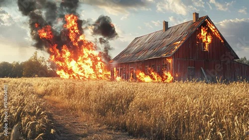 A burning barn in the middle of a wheat field, engulfed in flames and thick smoke, represents a severe fire emergency on a rural farm, with high risk of spreading further.