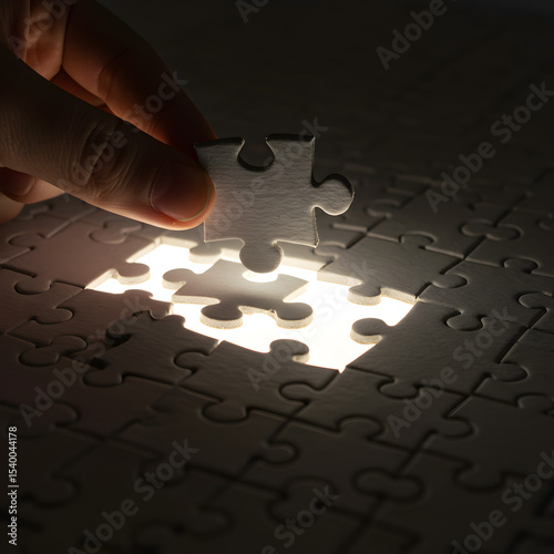 A hand holding a puzzle piece with light shining through, on a dark background.