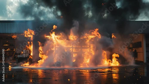 A store engulfed in intense flames with thick smoke billowing into the sky, capturing a dangerous fire outbreak. The scene portrays destruction, emergency, and the need for fire safety.