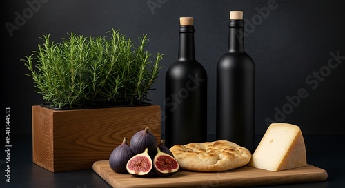 Mediterranean Still Life Figs, Rosemary, Cheese, and Dark Bottles - A Culinary Delight
