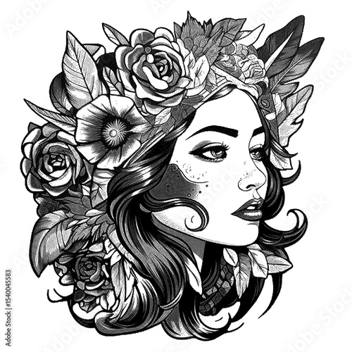 Floral crowned woman, a high detailed sketch art