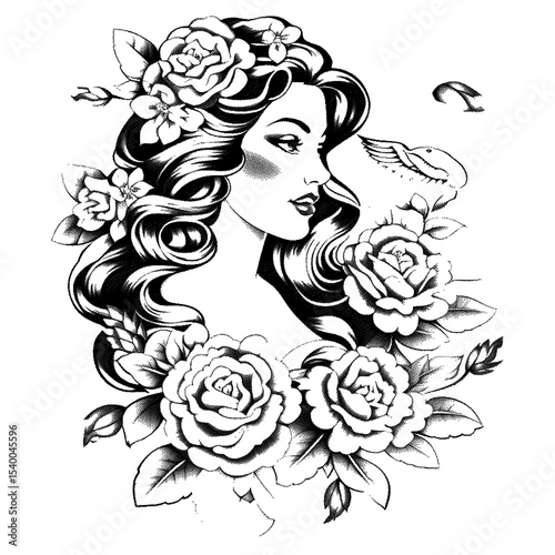 A woman surrounded by roses, high detailed sketch art