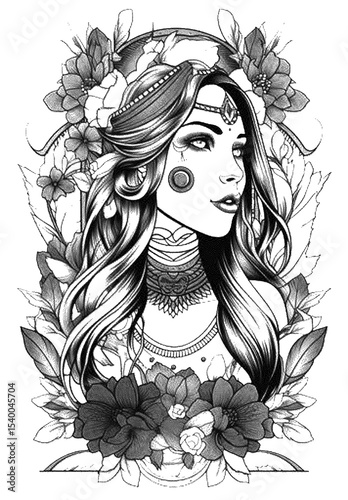 An ethereal maiden adorned with flowers, high detailed sketch art
