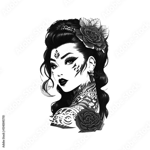 Dark haired tattooed woman with roses high detailed sketch art