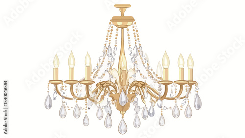 A digital illustration of an elegant gold chandelier with clear crystal accents. The chandelier features a central body with multiple arms extending outwards, each holding a candle-style light